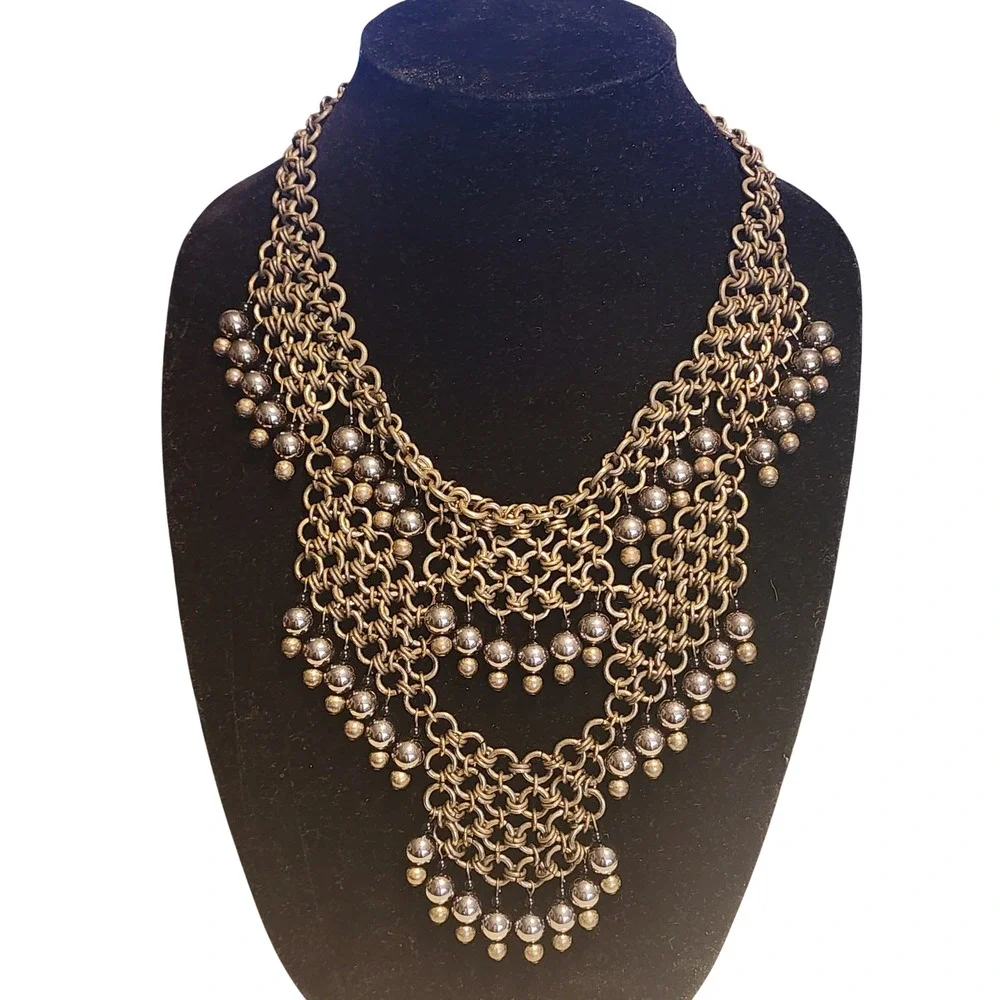 Brass Chainmail Bib Necklace Silver Sphere Bead Tiered Statement 18-21in